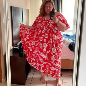 ELOQUII Red Tropical Maxi Dress with Tie Front Detail